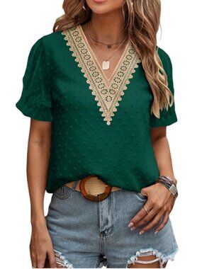 Zeagoo Dark Green Swiss Dot Puff Short Sleeve V-Neck Blouse Women's L NWT